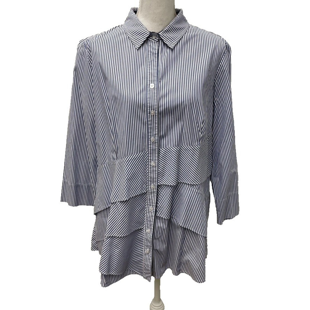 Finley Ralf Stripe Blouse Top Womens XL Blue Asymmetrical Edgy Lagenlook Teacher